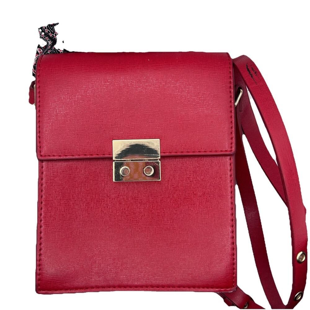 Zara Trafaluc red crossbody purse 8 x 6 x 2.25 faux leather attached twilly